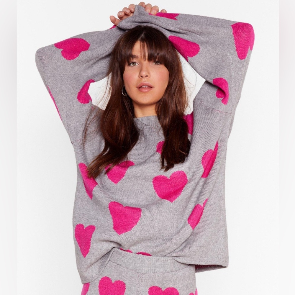 Nasty Gal Gray and Pink Heart Sweater